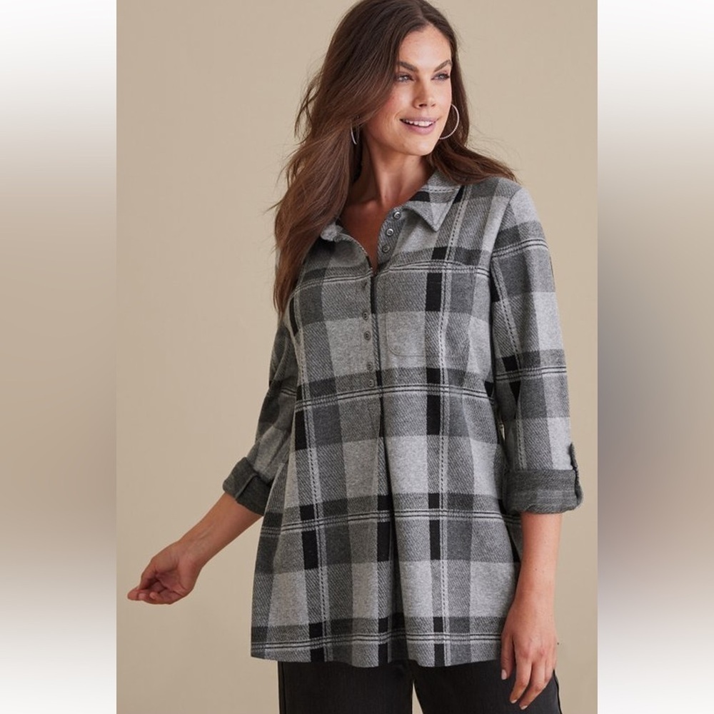 Soft Surroundings Mad About Plaid Tunic Top Women’s 3X Gray Buffalo Check
